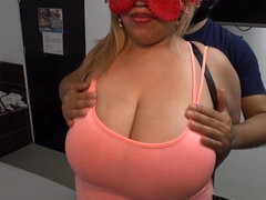Large boobs towheaded is dressed in a mask while she is providing a fellatio to a homie