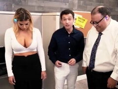 Used At Work - Big tits blonde in fetish threesome office hardcore