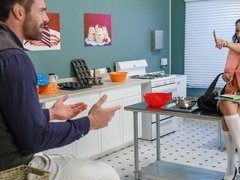 デカパイ, フェラチオ, 茶髪の, バック, キッチン, なめる, オナニー, 剃毛