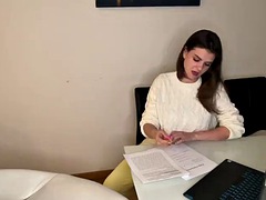 Stepson saw stepmoms big cumshot through her pants in the office