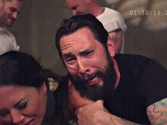 Gangbang slut gets drilled by fat cocks doggy style