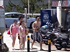 Nana, Plage, Petit ami, Couple, Tir de sperme, Japonaise, Mature, Public