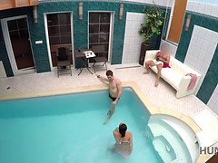 Cash-hungry teen gets banged by the poolside in front of her cuckold boyfriend