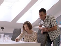 Marina Visconti's big tits bounce as her stepdad penetrates her on the table