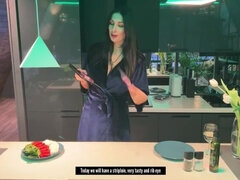 Hot brunette made a blowjob and got cum in her hole. POV.