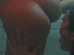 浴室, ブロンド, キス, ラティーナ, なめる, オマンコ, シャワー, オッパイの