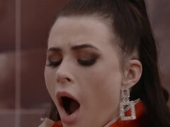 Brunette girl Jenny Doll gets a firm cock up her shaved pussy