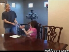 Roped and gauze ball-gagged biotch gets pummeled on the table