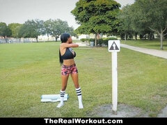 Brittany White's Big Tits Bounce as She Rides White Cock After Workout