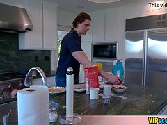 Extra small redhead teen Madie Collins is misbehaving in the kitchen again
