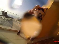 Sexy mature Red XXX masturbates outside by the pool