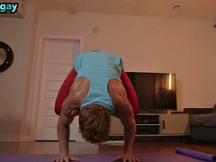 Manly yoga jocks enjoy barebacking 3some after stretching