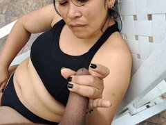 Stunning mature gets surprised while pleasuring herself, and then gives a deep throat blowjob