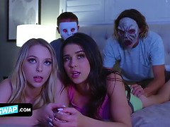 Two Horny Stepbrothers Put On Masks To Trick Their Cute Assed Stepsisters And Lick Them From Behind