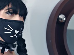 Roseboy maid uniform fucked in the kitchen by a dominant hunk