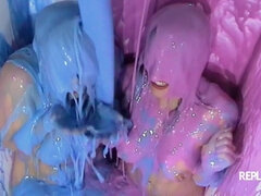 Bikini Girl Slime - threesome striptease with curvy busty babes