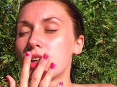 Adorable amateur chick fools around in the garden with her man
