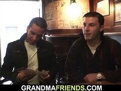Two horny dudes pick up busty boozed granma