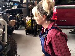 Blonde wife with big tits gets sucks dick in the garage