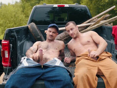 Nude workers share the back of their truck for anal pleasures