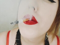 Close-Up Smoking with Red Lips and a Cigarette
