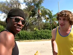 Black dude stuffed outdoors by white cock in anal hole
