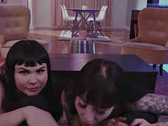 Busty tattooed lesbian with big ass licks 21 year old pussy at home