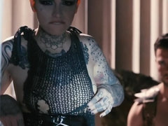 Fantastic gang bang scene of slutty bitch and three dark angels