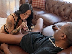 Mesmerizing brunette MILF Summer Wilder enters wearing a strappy, multicolored swimsuit and clear heels. She crawls to big, imposing stud Richard Mann