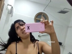 Girl with big natural tits gets off solo while fingering herself in front of a mirror