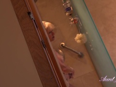 デカパイ, ブロンド, オナニー, オマンコ, 剃毛, シャワー, のぞき