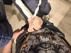 POC girl gives an epic blowjob in the dressing room for a jacket, leaving a sweet cumshot on her throat and tits