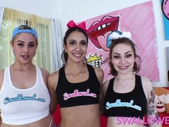 Sperma in mond, Sperma shot, Schattig, Groep, Interraciaal, Latijnse vrouw, Likken, Orgie