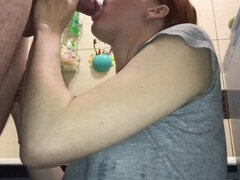 In the bathroom, real sex, blow-job