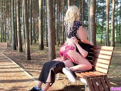 Blonde bombshell bravely rides stranger's hard cock in public park despite almost getting caught!