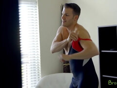 ブロンド, チアリーダー, イく瞬間, 眼鏡, ヒール, オーガズム, ストッキング, 三人