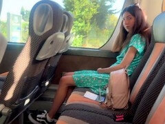 Wild guy shows off his hard-on on the bus, but the girl keeps her cool and helps him finish