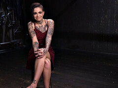 Clothespinned inked BDSM slut whipped and toyed with