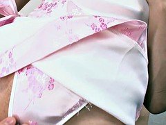 Ample breasted babe in pink satin shows you her pink bits