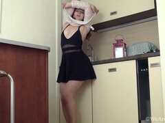 Hairy Big Ass Redhead Slut Milly in the Kitchen - Black Dress Tan Stockings solo
