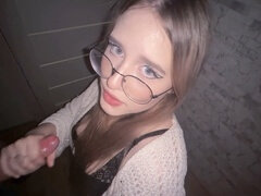 Adorable girl with glasses gives a passionate deepthroat and gets pounded from behind