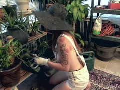 Leila Larson strips nude after some gardening work