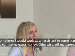 Sexy petite blonde seduced by beautiful agent