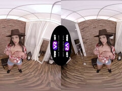 Petite Nicolette Noir strips and masturbates in virtual reality with her wet pussy in Cowboy Hat