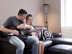 Petite brunette with natural tits takes guitar lessons for free and gets her tight pussy pounded hard