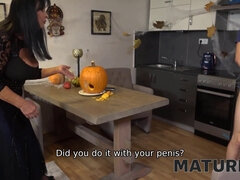 Real mature brunette with huge natural tits takes a pumpkin-sized load in HD