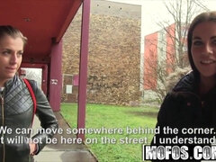 Eveline Dellai rubs her tight pussy & flaunts her tits for cash in public
