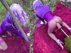 Wild sissy Malvina gets lost in the woods with a giant chubby dildo