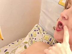 Blowjob for banana. Naked beautiful sexy blonde milf in bedroom erotically eats banana. Natural Tits Milf. Hairy pussy Close Up