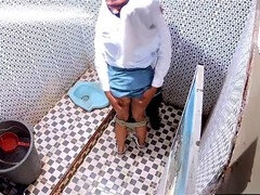 Cuarto de baño, Casero, Indonesio, Pequeña, Coño, Ducha, Medias largas, Inodoro